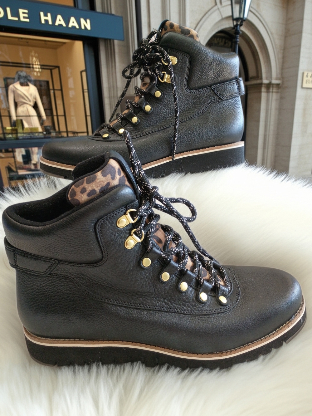 Cole Haan Explore GetawayBlack Leather Lace-Up Women's Hiker Boot w/Leopard